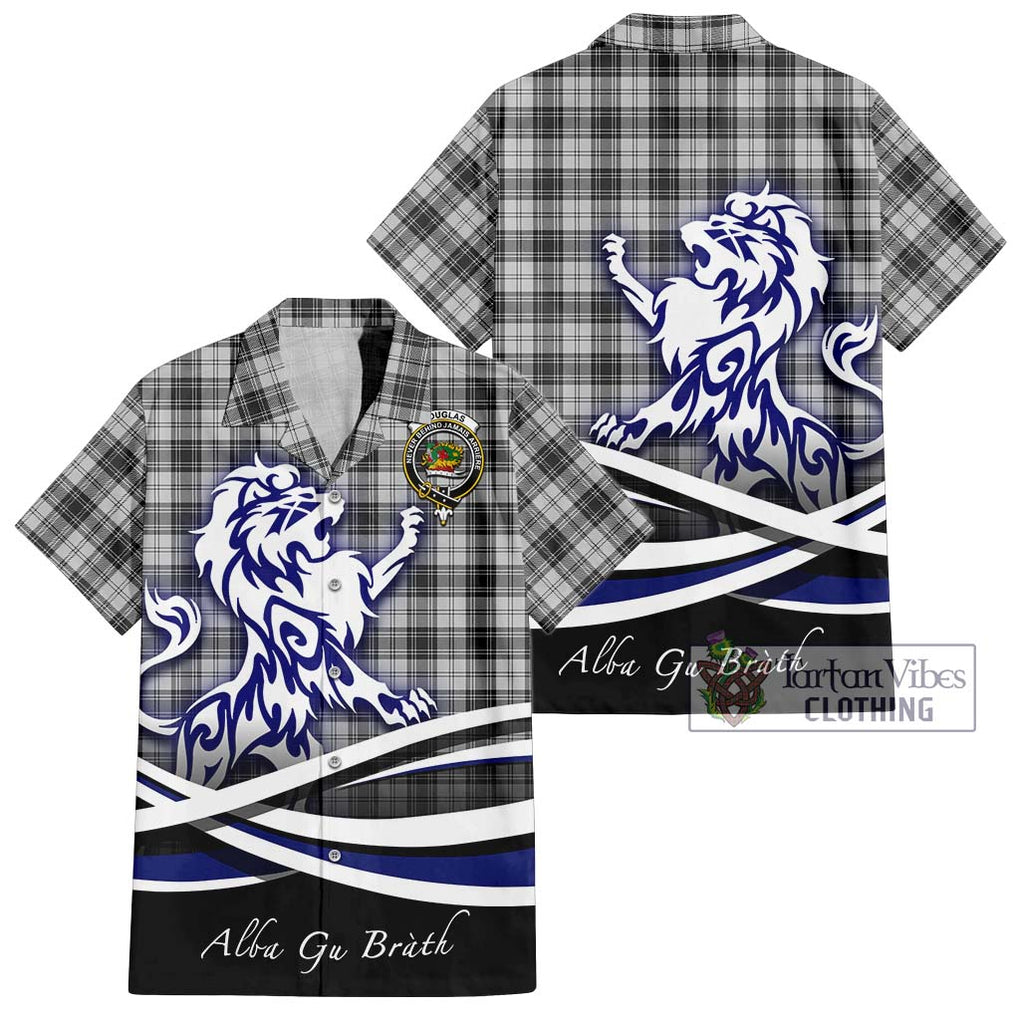 Douglas Grey Modern Tartan Short Sleeve Button Shirt with Alba Gu Brath Regal Lion Emblem Kid - Tartanvibesclothing Shop