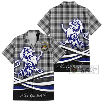 Douglas Grey Modern Tartan Short Sleeve Button Shirt with Alba Gu Brath Regal Lion Emblem