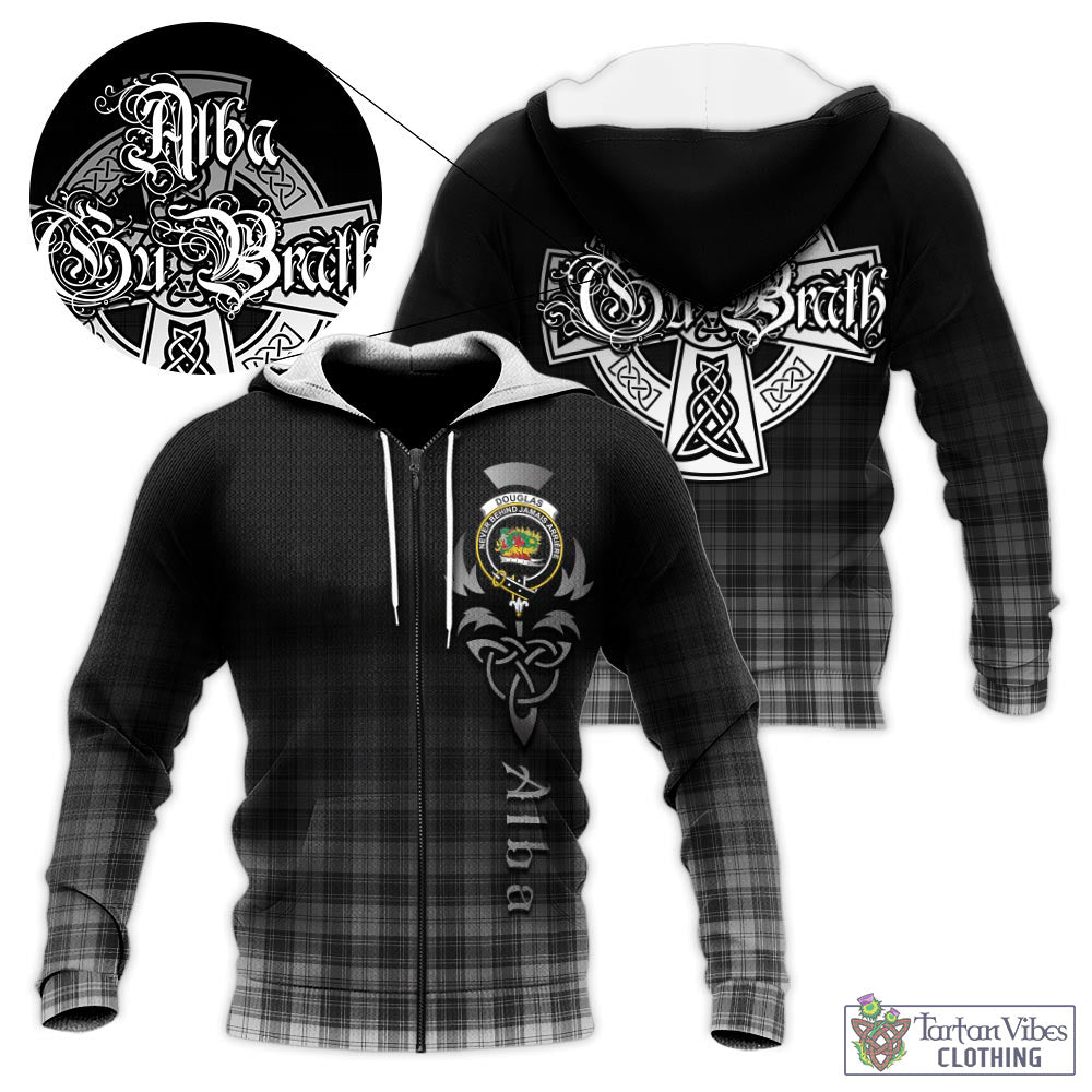 Tartan Vibes Clothing Douglas Grey Modern Tartan Knitted Hoodie Featuring Alba Gu Brath Family Crest Celtic Inspired