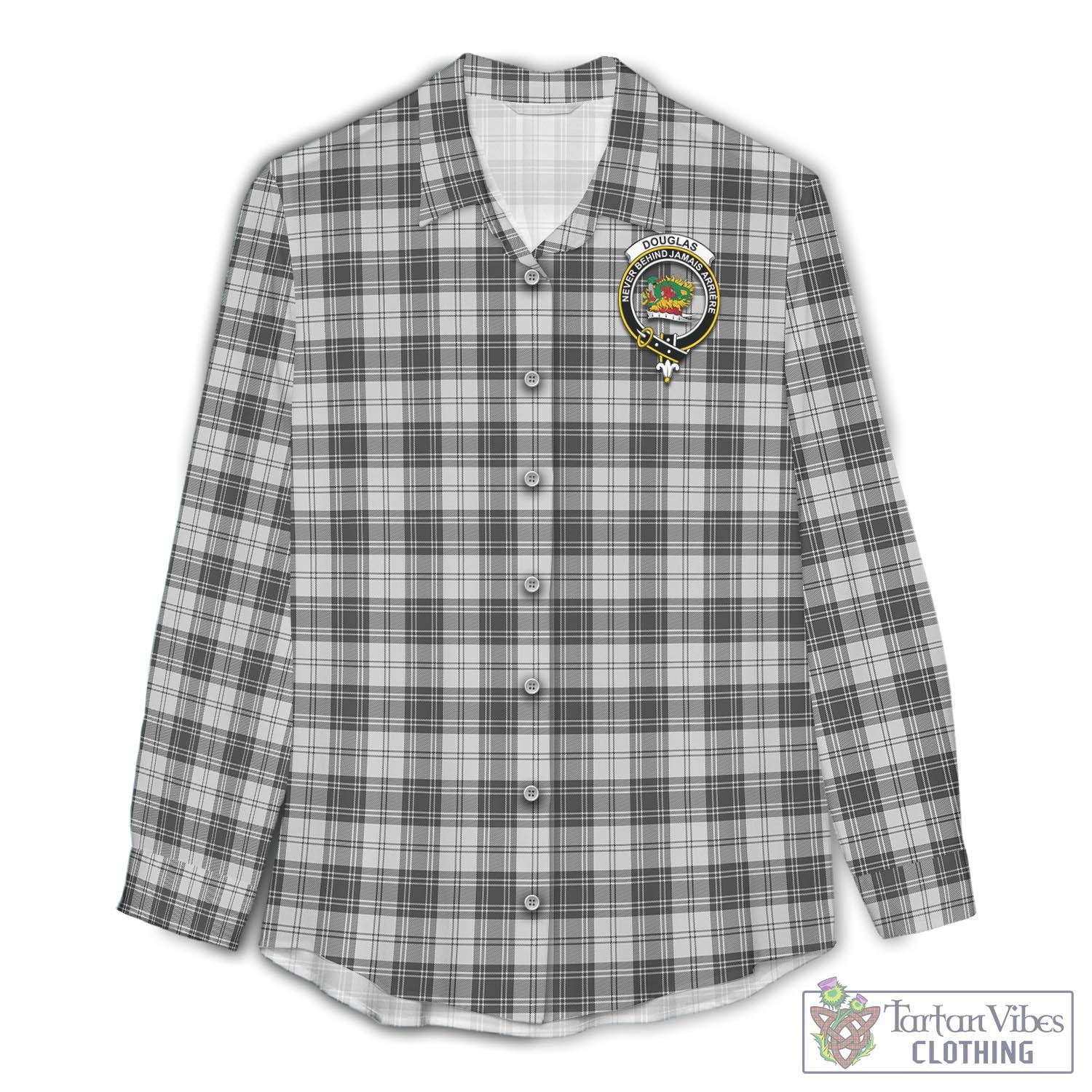 Tartan Vibes Clothing Douglas Grey Modern Tartan Womens Casual Shirt with Family Crest