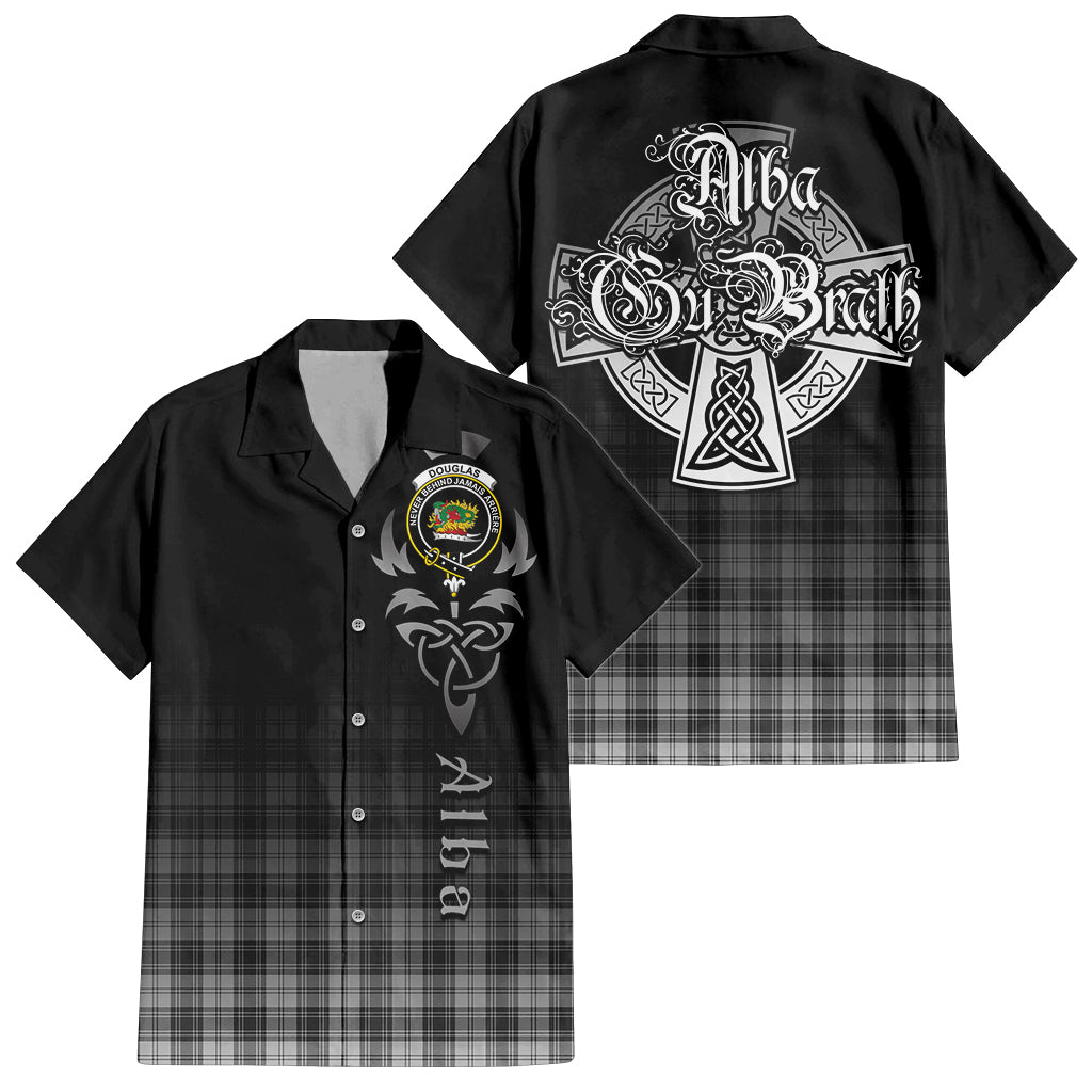 Tartan Vibes Clothing Douglas Grey Modern Tartan Short Sleeve Button Up Featuring Alba Gu Brath Family Crest Celtic Inspired