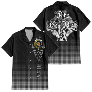 Douglas Grey Modern Tartan Short Sleeve Button Up Shirt Featuring Alba Gu Brath Family Crest Celtic Inspired