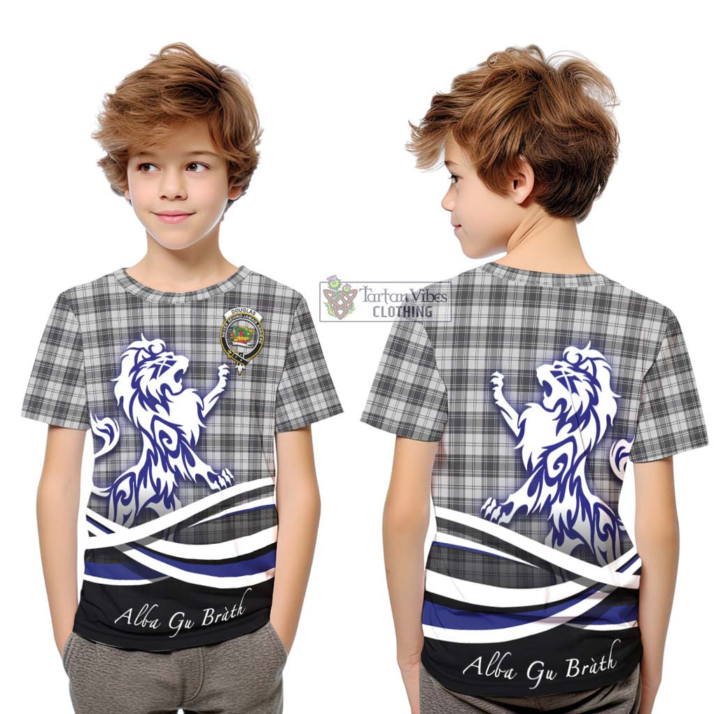 Douglas Grey Modern Tartan Kid T-Shirt with Alba Gu Brath Regal Lion Emblem Youth XL Size14 - Tartanvibesclothing Shop