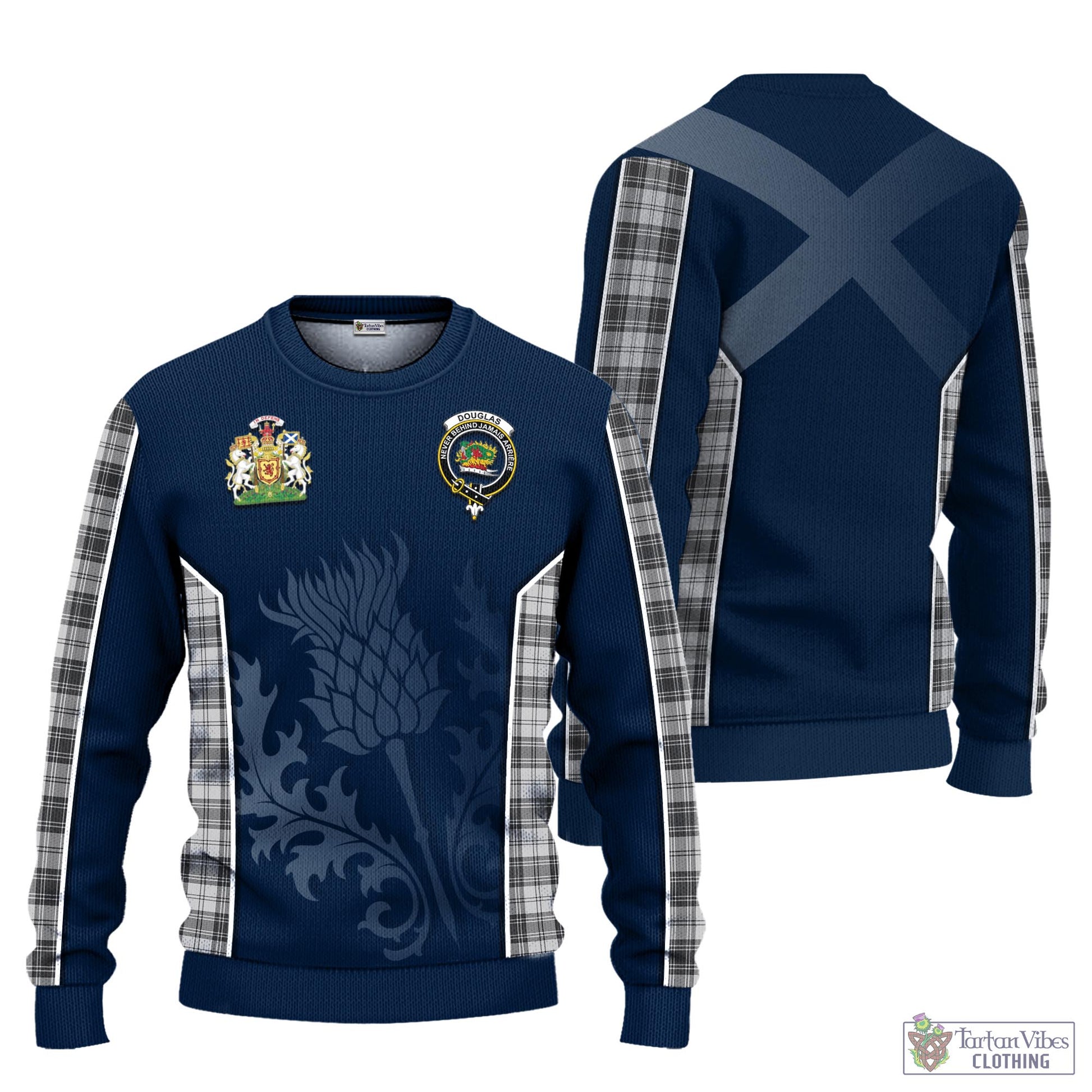 Tartan Vibes Clothing Douglas Grey Modern Tartan Knitted Sweatshirt with Family Crest and Scottish Thistle Vibes Sport Style