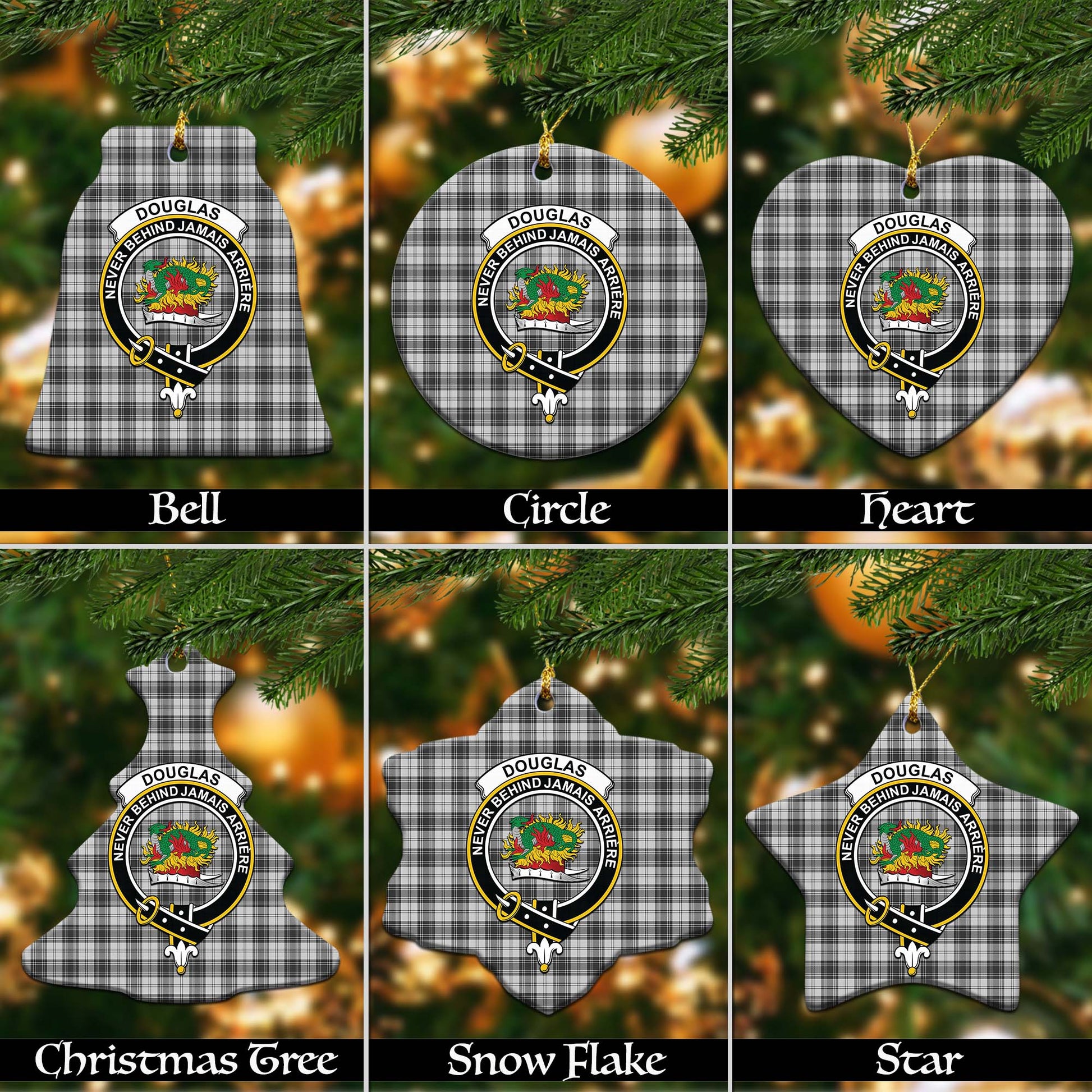 Douglas Grey Modern Tartan Christmas Ornaments with Family Crest - Tartanvibesclothing