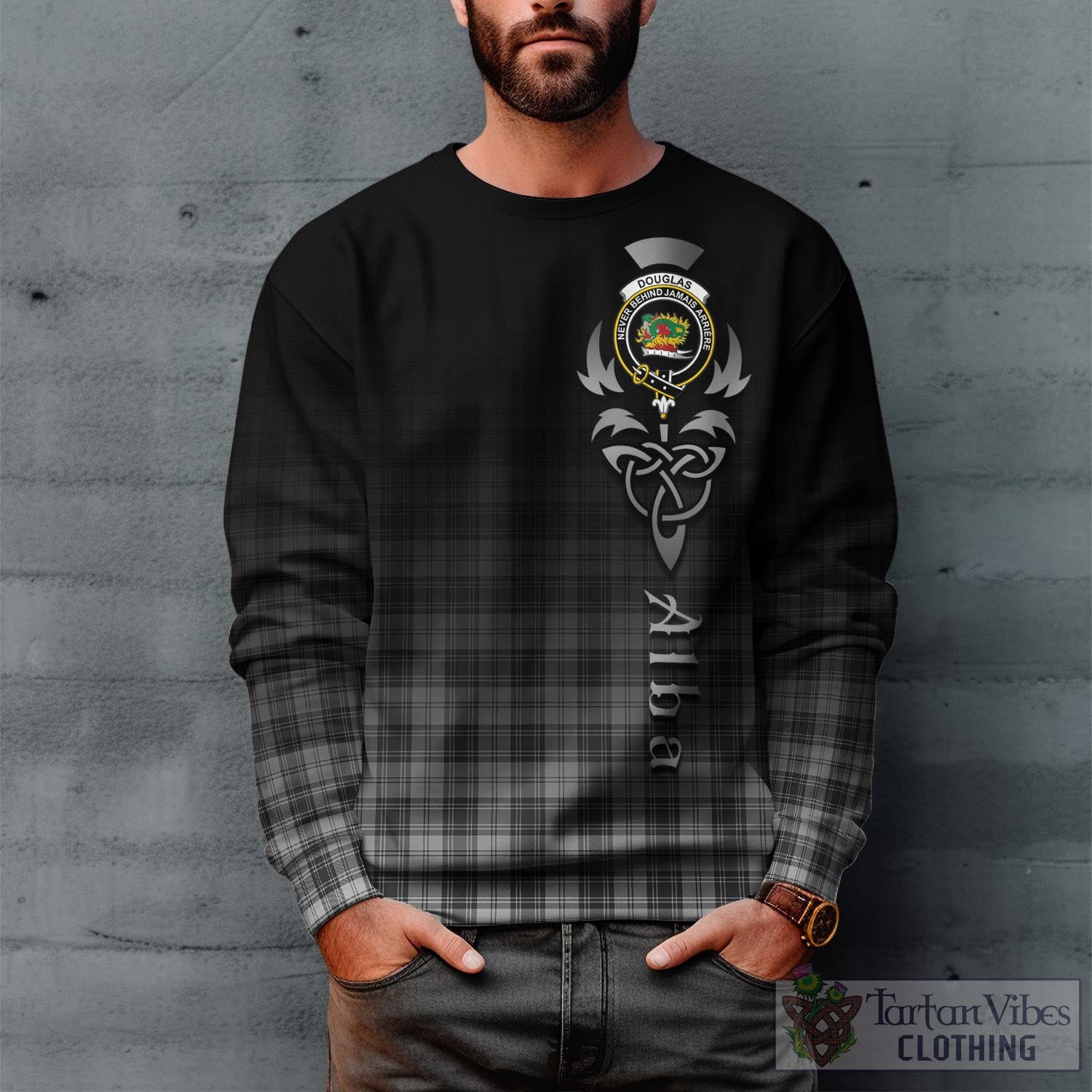 Tartan Vibes Clothing Douglas Grey Modern Tartan Sweatshirt Featuring Alba Gu Brath Family Crest Celtic Inspired