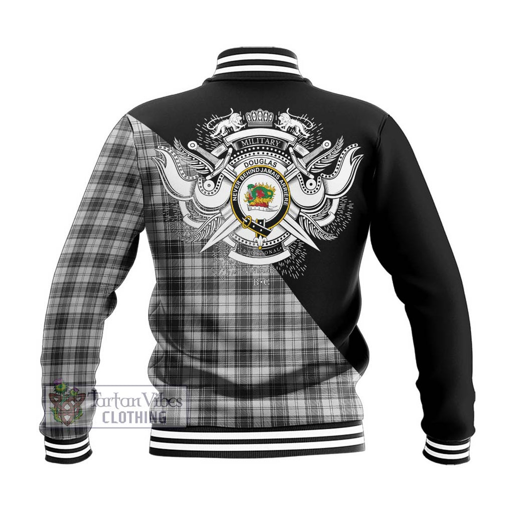 Douglas Grey Modern Tartan Baseball Jacket with Family Crest and Military Logo Style - Tartanvibesclothing Shop