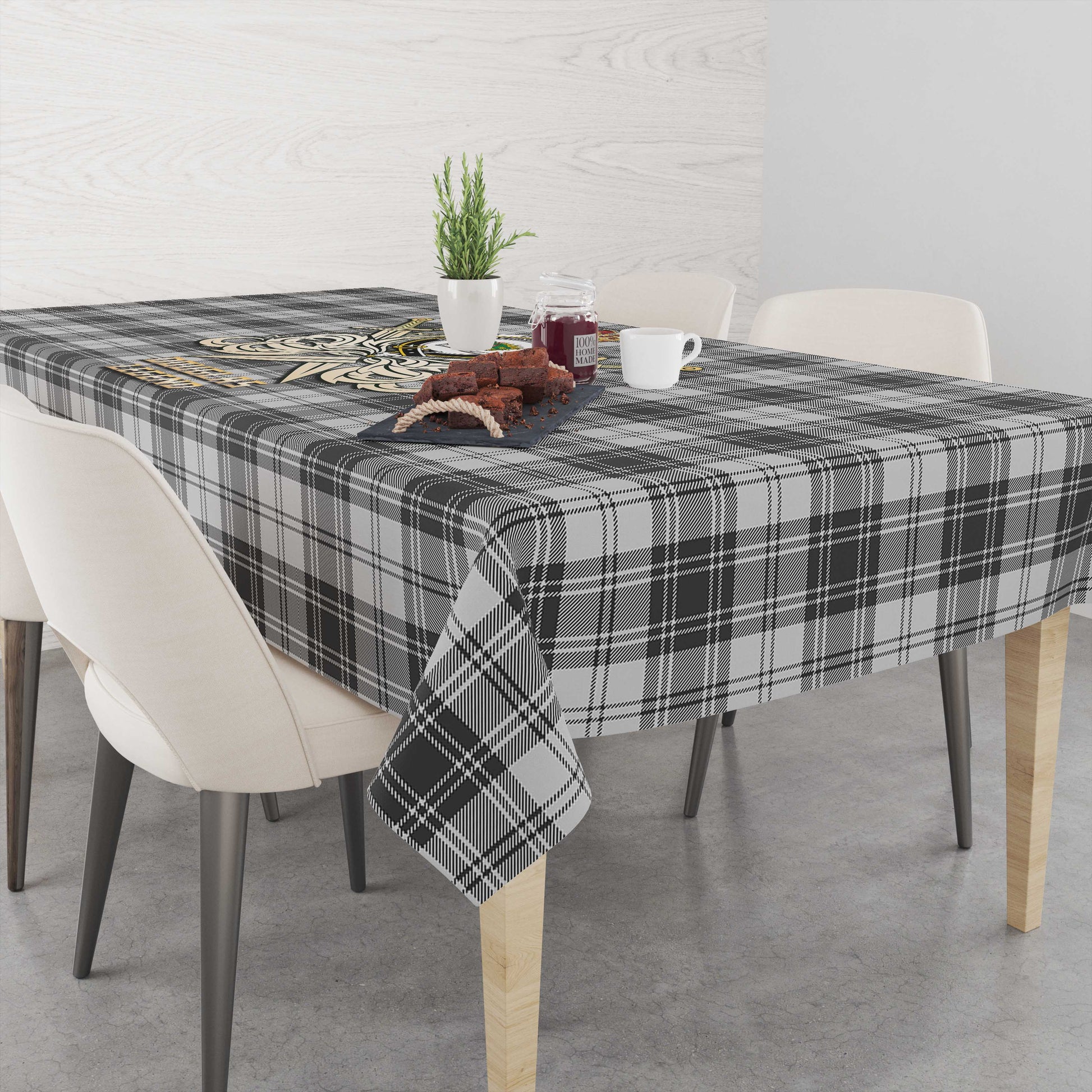 Tartan Vibes Clothing Douglas Grey Modern Tartan Tablecloth with Clan Crest and the Golden Sword of Courageous Legacy