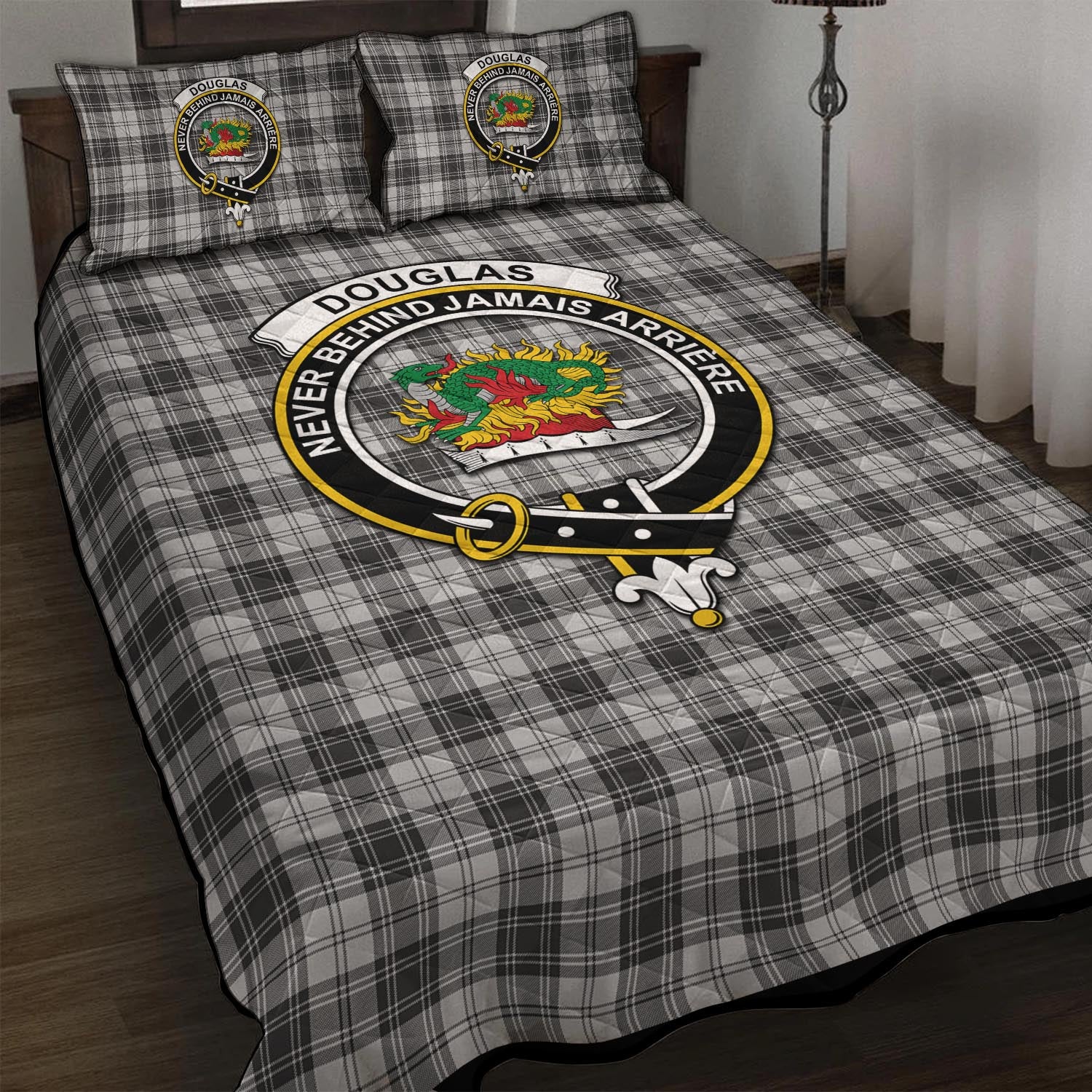 Douglas Grey Modern Tartan Quilt Bed Set with Family Crest - Tartan Vibes Clothing