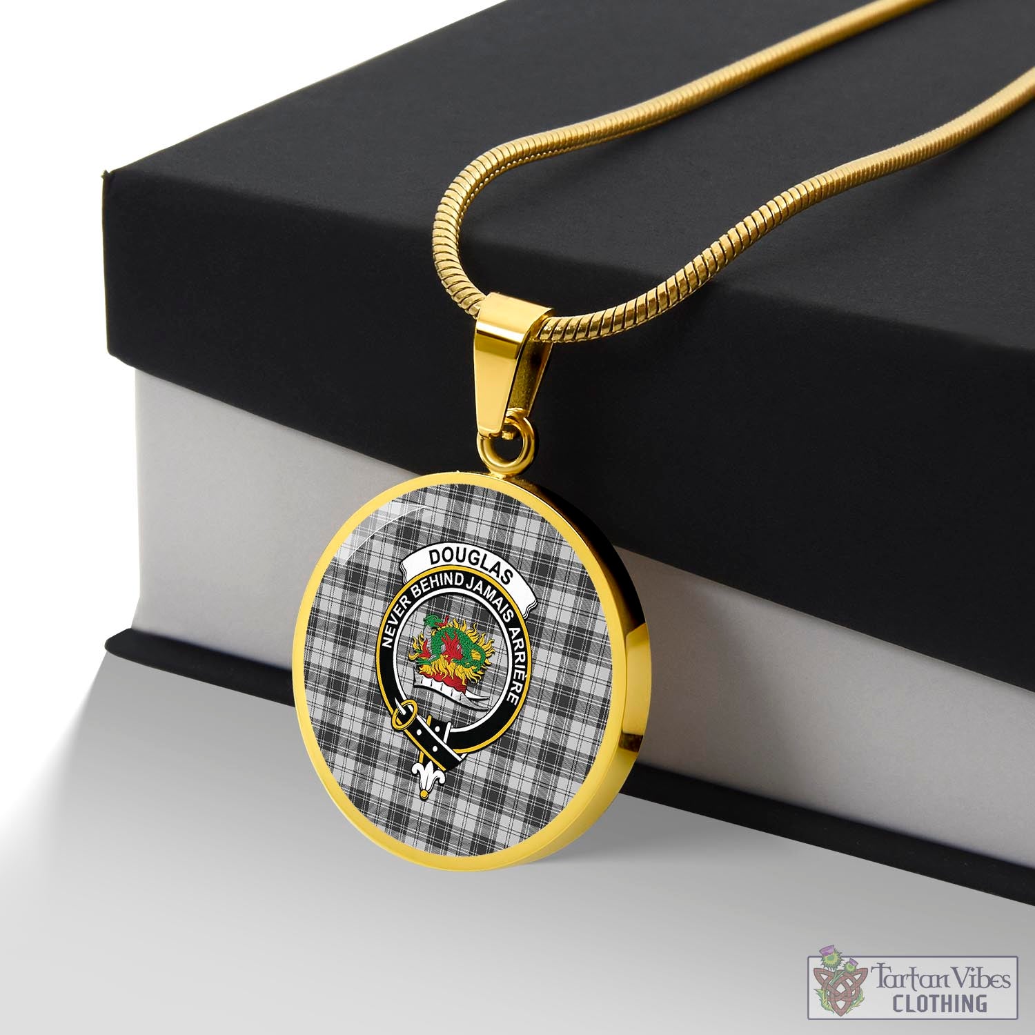 Tartan Vibes Clothing Douglas Grey Modern Tartan Circle Necklace with Family Crest