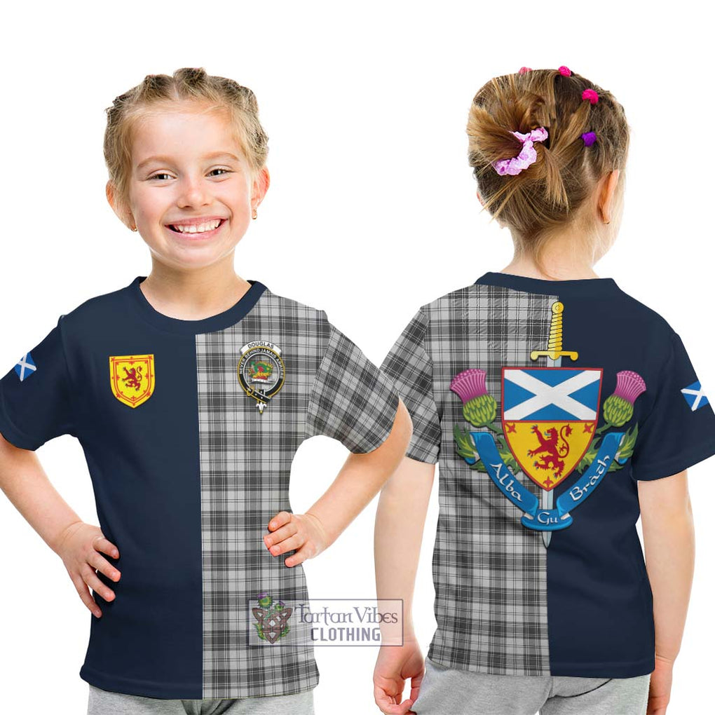 Tartan Vibes Clothing Douglas Grey Modern Tartan Kid T-Shirt with Scottish Lion Royal Arm Half Style