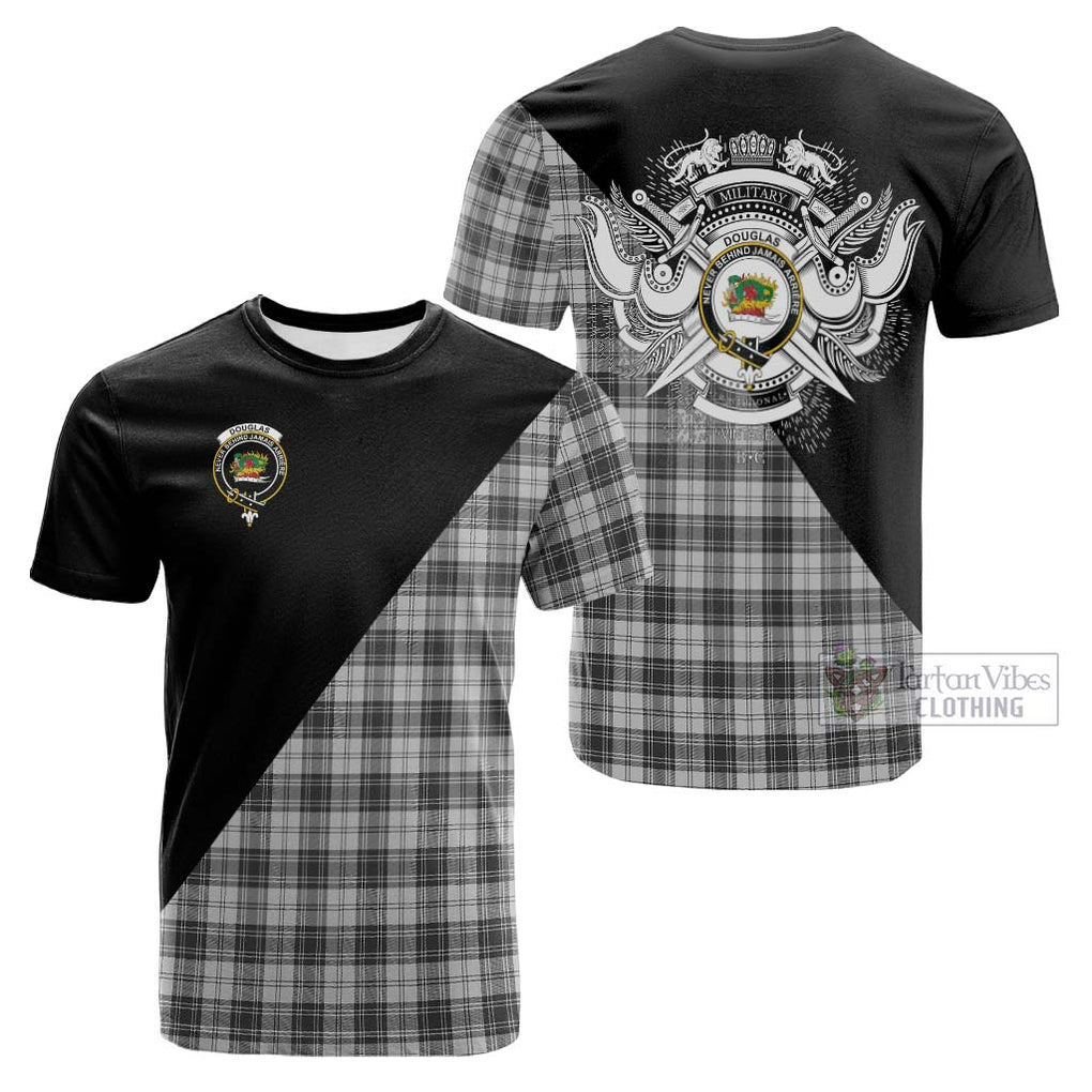 Tartan Vibes Clothing Douglas Grey Modern Tartan Cotton T-shirt with Family Crest and Military Logo Style