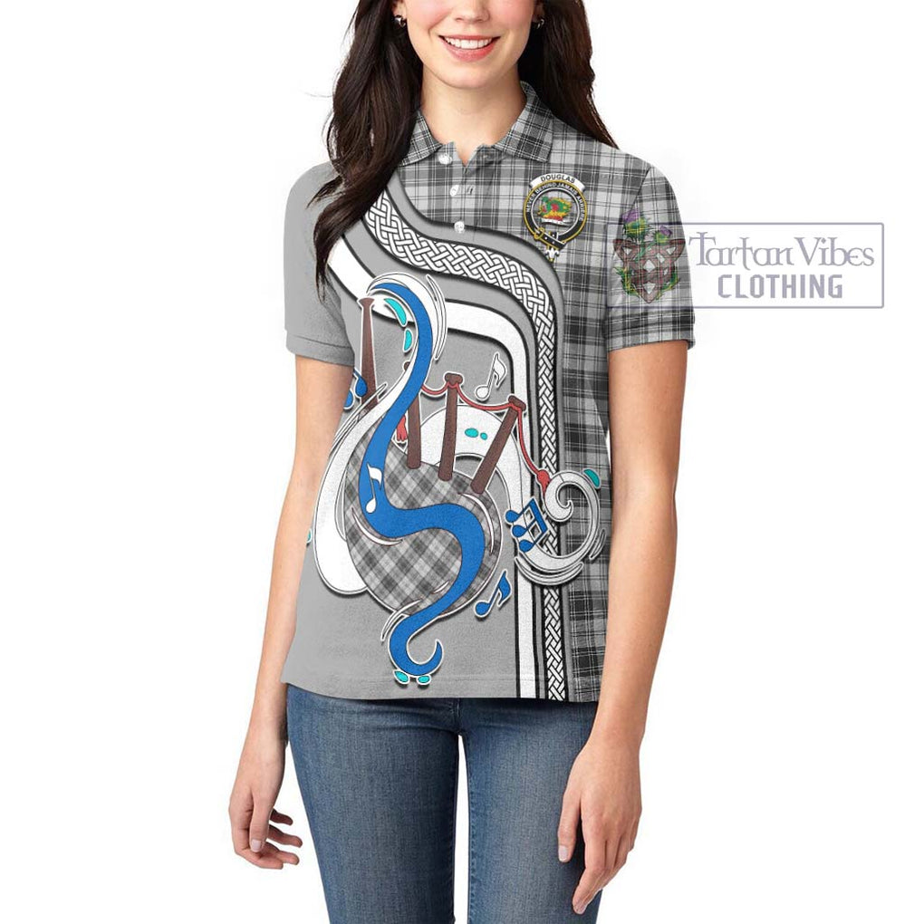 Douglas Grey Modern Tartan Women's Polo Shirt with Epic Bagpipe Style - Tartanvibesclothing Shop