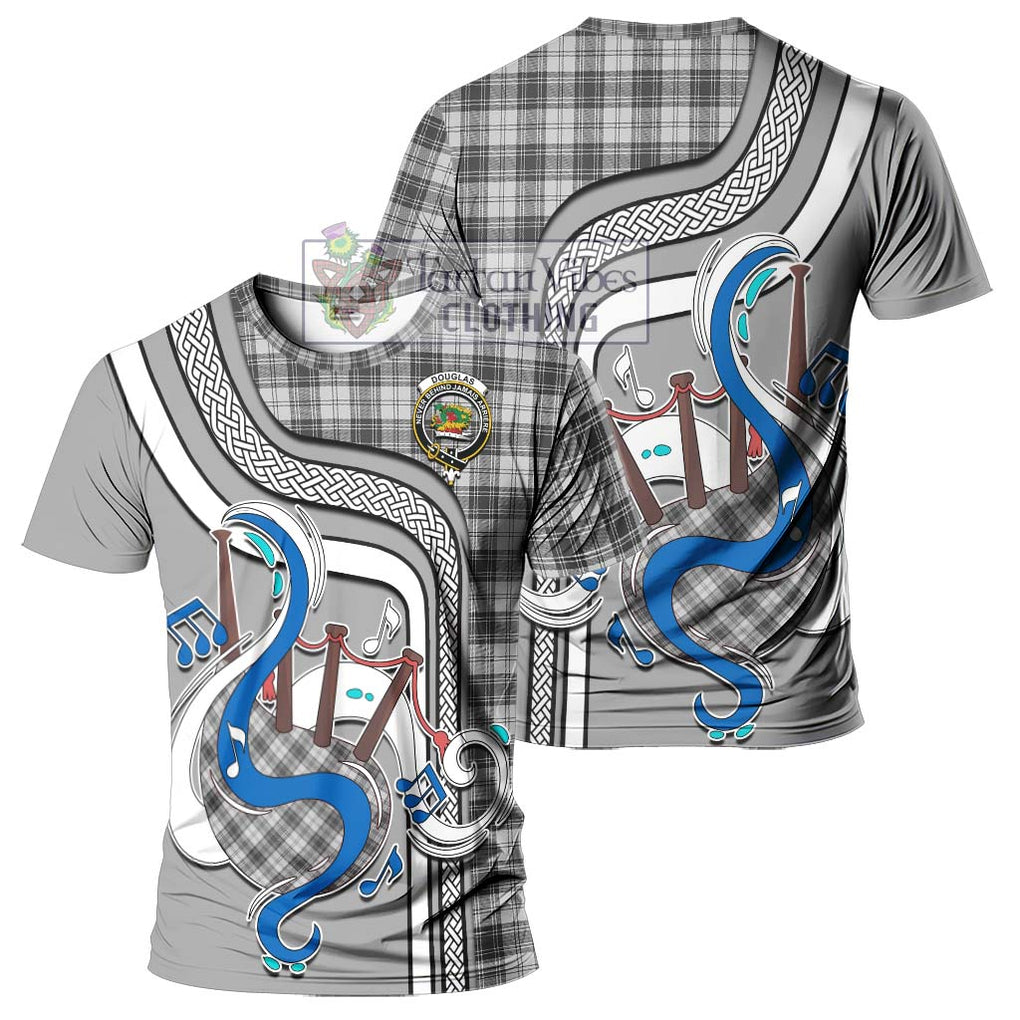 Douglas Grey Modern Tartan T-Shirt with Epic Bagpipe Style - Tartanvibesclothing Shop