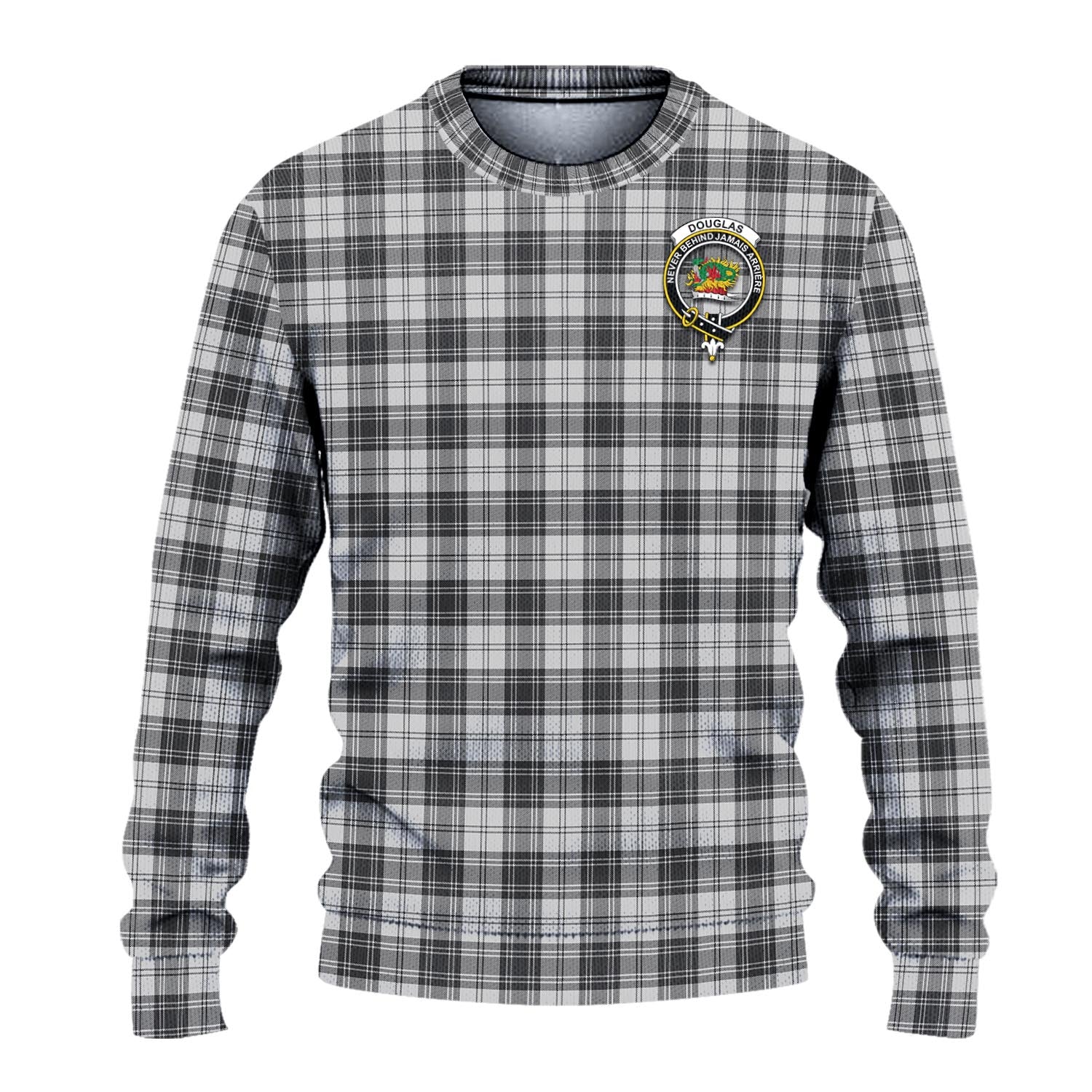 Douglas Grey Modern Tartan Knitted Sweater with Family Crest - Tartanvibesclothing