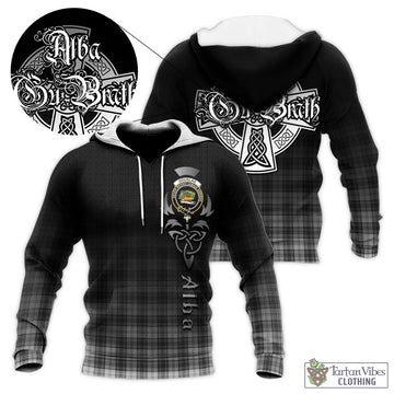 Douglas Grey Modern Tartan Knitted Hoodie Featuring Alba Gu Brath Family Crest Celtic Inspired