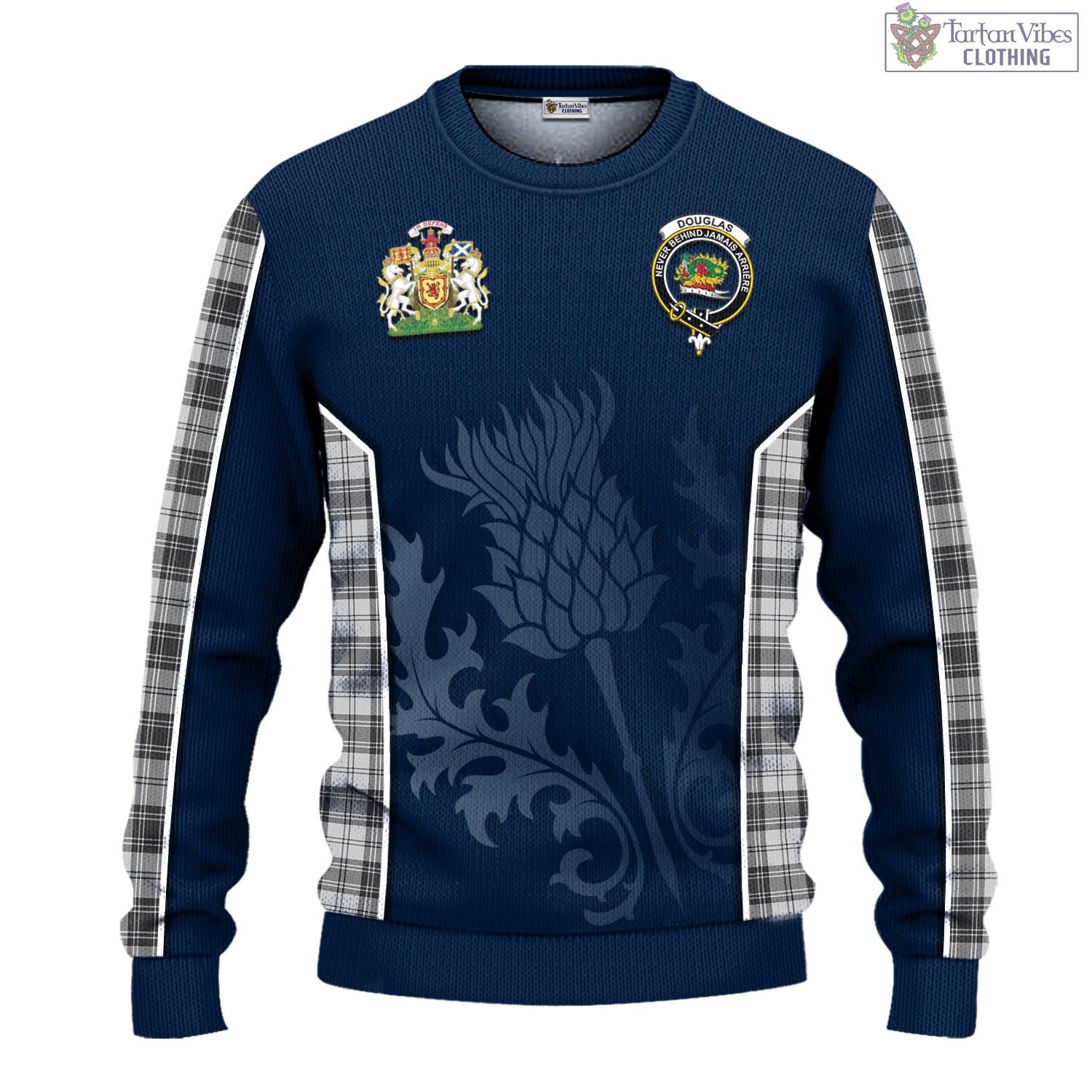 Tartan Vibes Clothing Douglas Grey Modern Tartan Knitted Sweatshirt with Family Crest and Scottish Thistle Vibes Sport Style