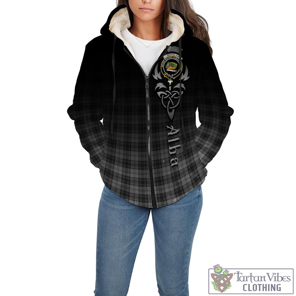 Tartan Vibes Clothing Douglas Grey Modern Tartan Sherpa Hoodie Featuring Alba Gu Brath Family Crest Celtic Inspired