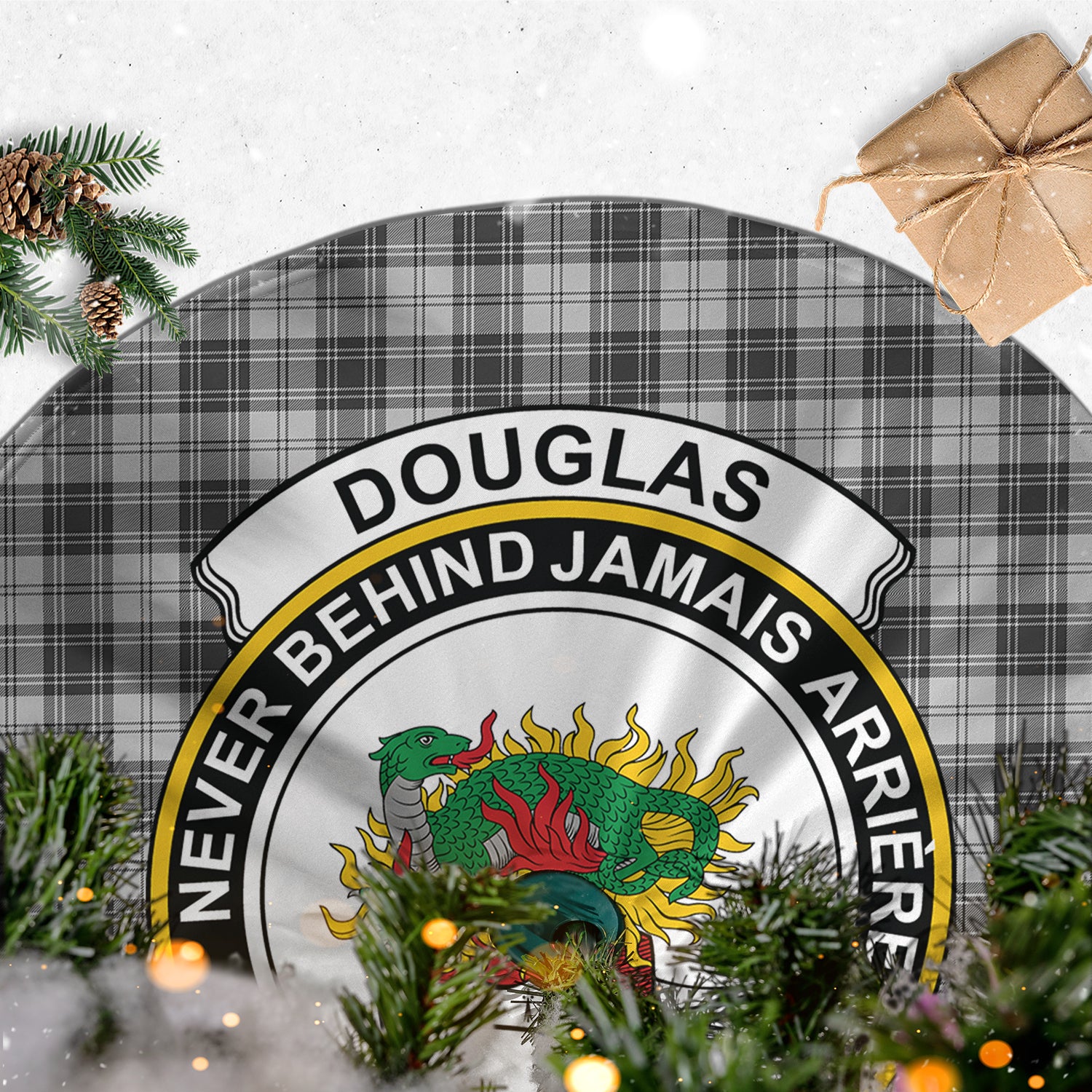 Douglas Grey Modern Tartan Christmas Tree Skirt with Family Crest - Tartanvibesclothing