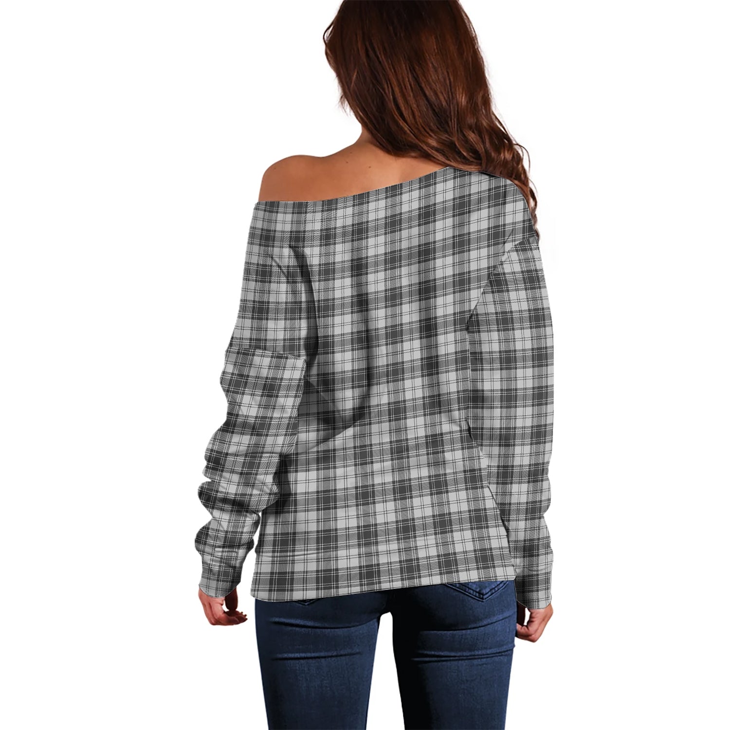 Douglas Grey Modern Tartan Off Shoulder Women Sweater with Family Crest - Tartanvibesclothing