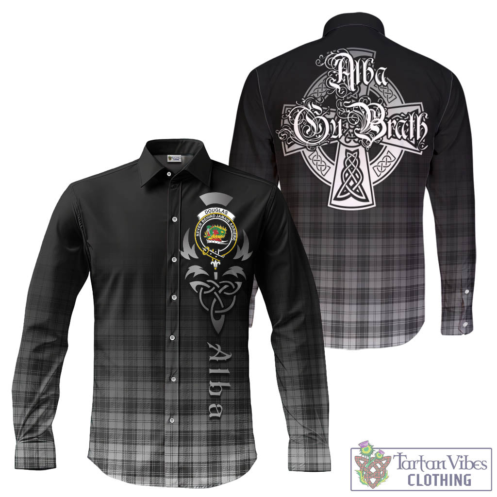 Tartan Vibes Clothing Douglas Grey Modern Tartan Long Sleeve Button Up Featuring Alba Gu Brath Family Crest Celtic Inspired