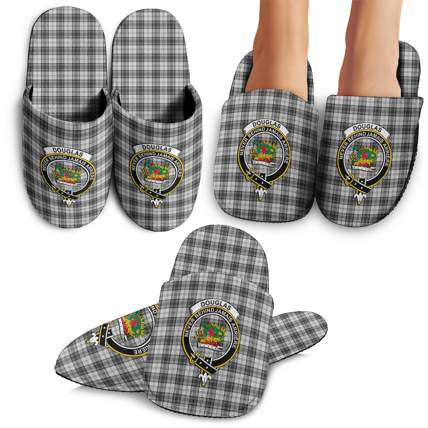 Douglas Grey Modern Tartan Home Slippers with Family Crest - Tartanvibesclothing