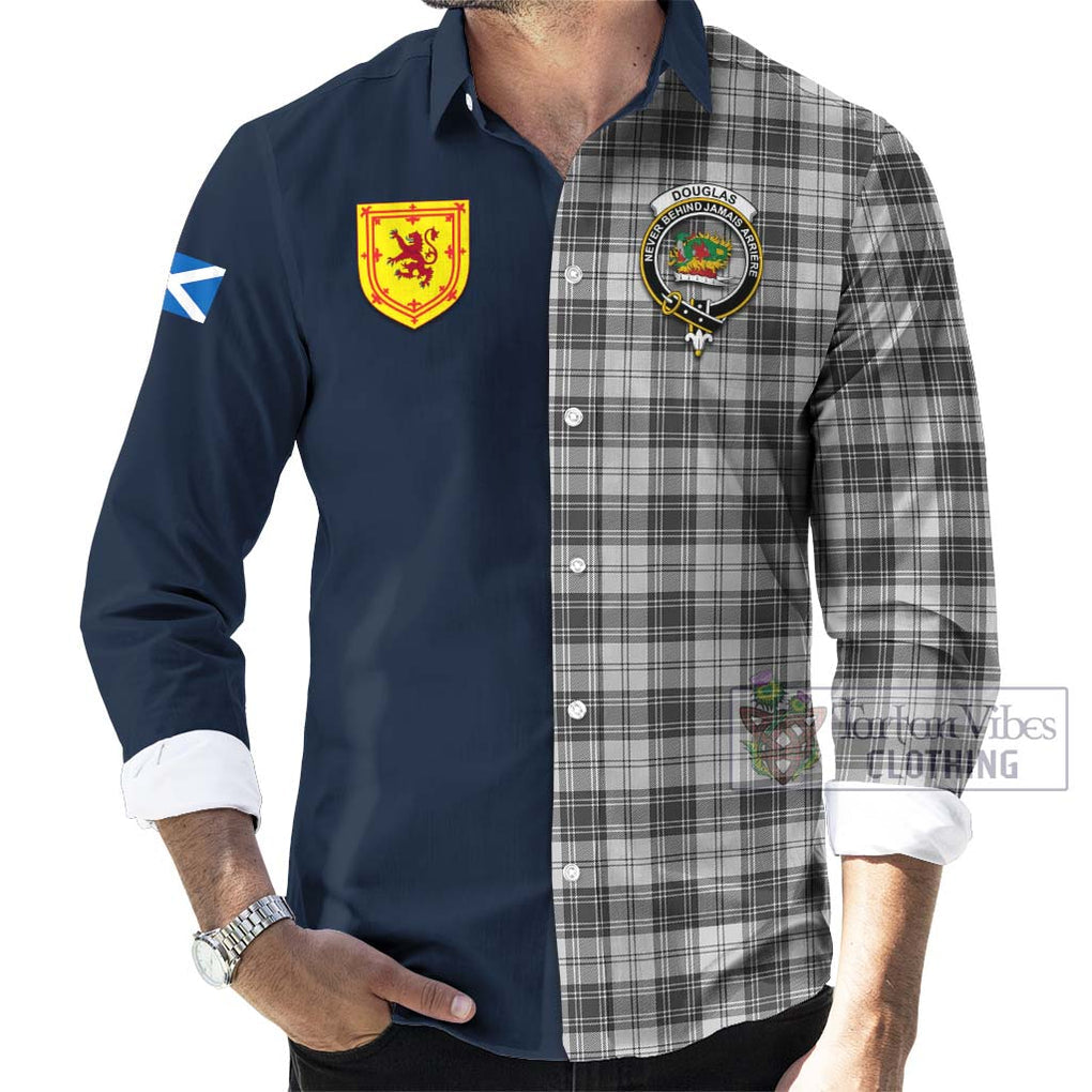 Tartan Vibes Clothing Douglas Grey Modern Tartan Long Sleeve Button Shirt with Scottish Lion Royal Arm Half Style