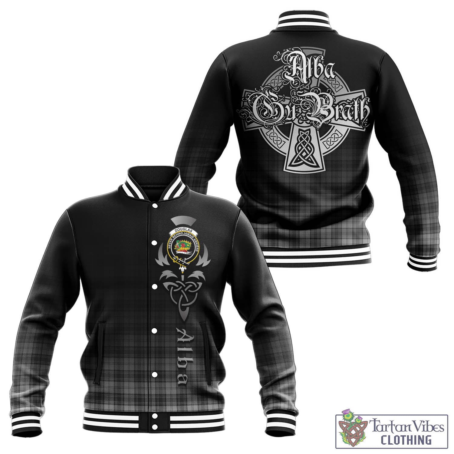 Tartan Vibes Clothing Douglas Grey Modern Tartan Baseball Jacket Featuring Alba Gu Brath Family Crest Celtic Inspired