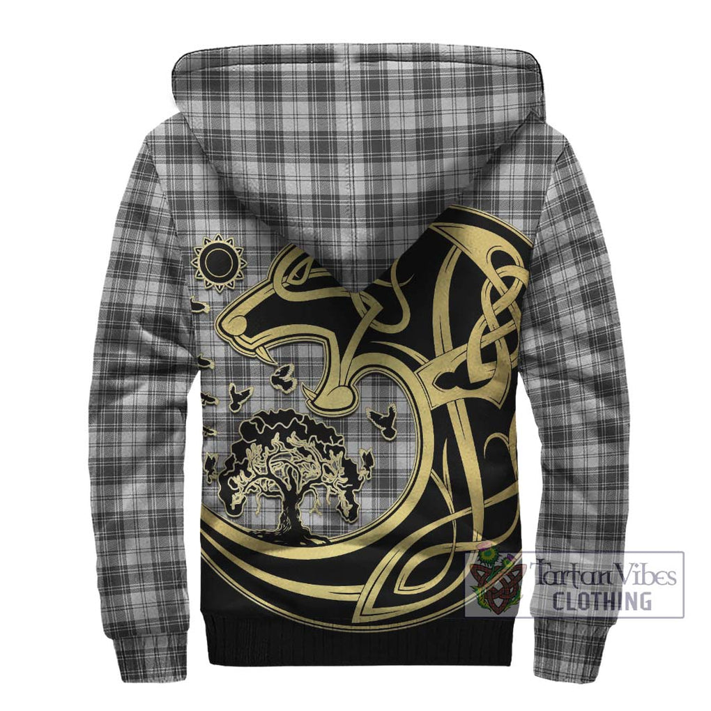 Douglas Grey Modern Tartan Sherpa Hoodie with Family Crest Celtic Wolf Style - Tartan Vibes Clothing