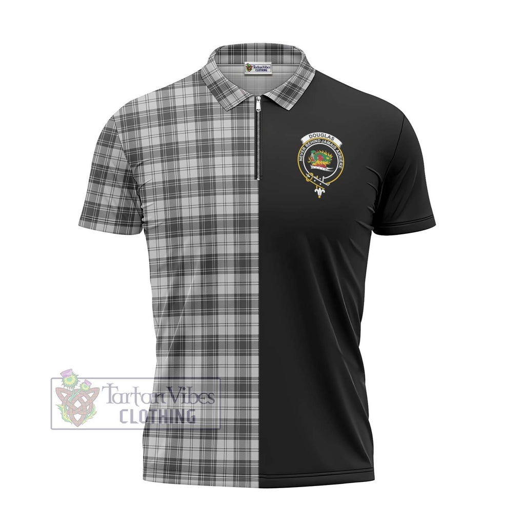 Douglas Grey Modern Tartan Zipper Polo Shirt with Family Crest and Half Of Me Style - Tartanvibesclothing Shop