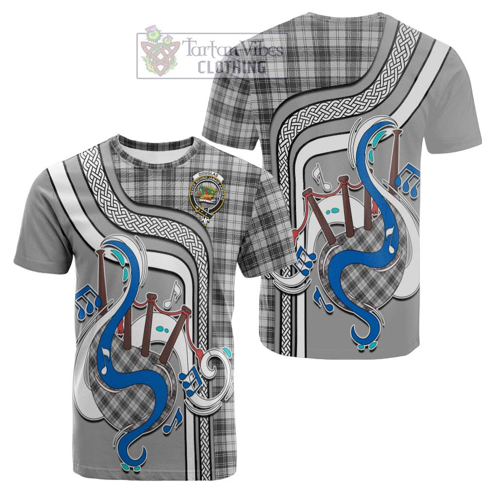 Tartan Vibes Clothing Douglas Grey Modern Tartan Cotton T-shirt with Epic Bagpipe Style