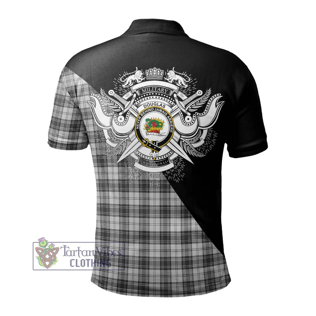 Douglas Grey Modern Tartan Polo Shirt with Family Crest and Military Logo Style - Tartanvibesclothing Shop