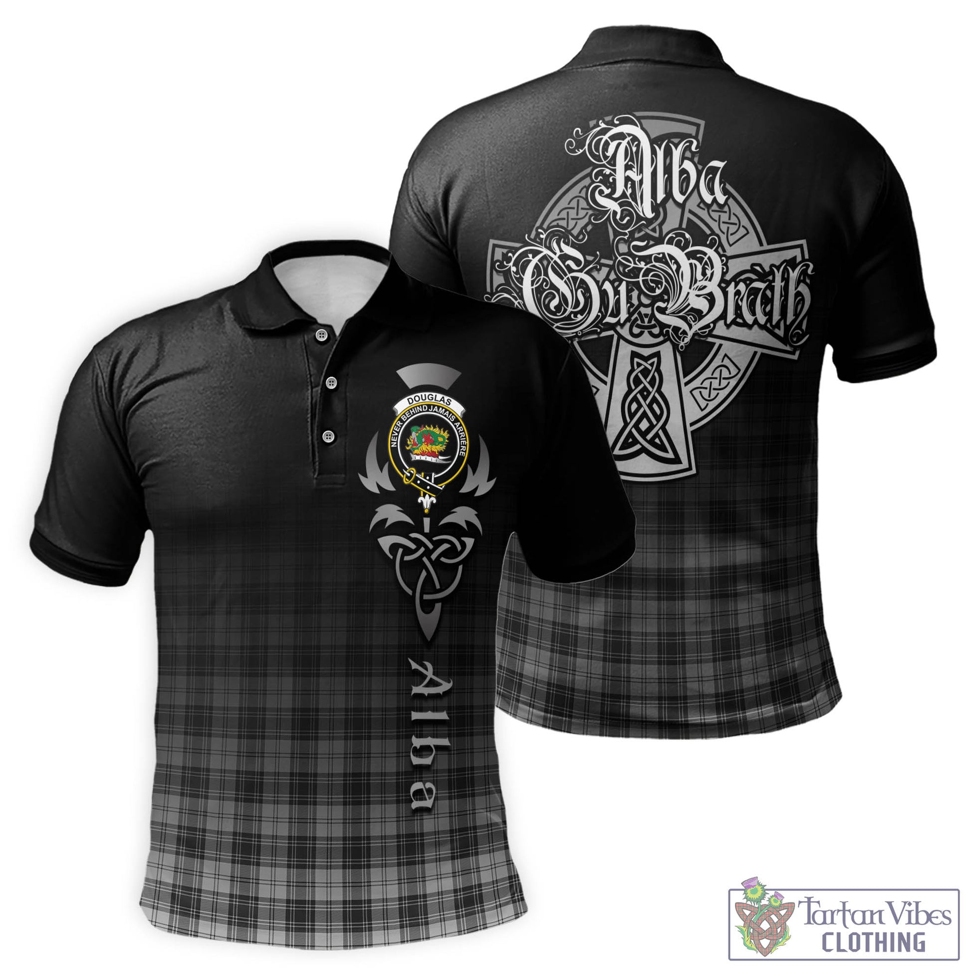 Tartan Vibes Clothing Douglas Grey Modern Tartan Polo Shirt Featuring Alba Gu Brath Family Crest Celtic Inspired