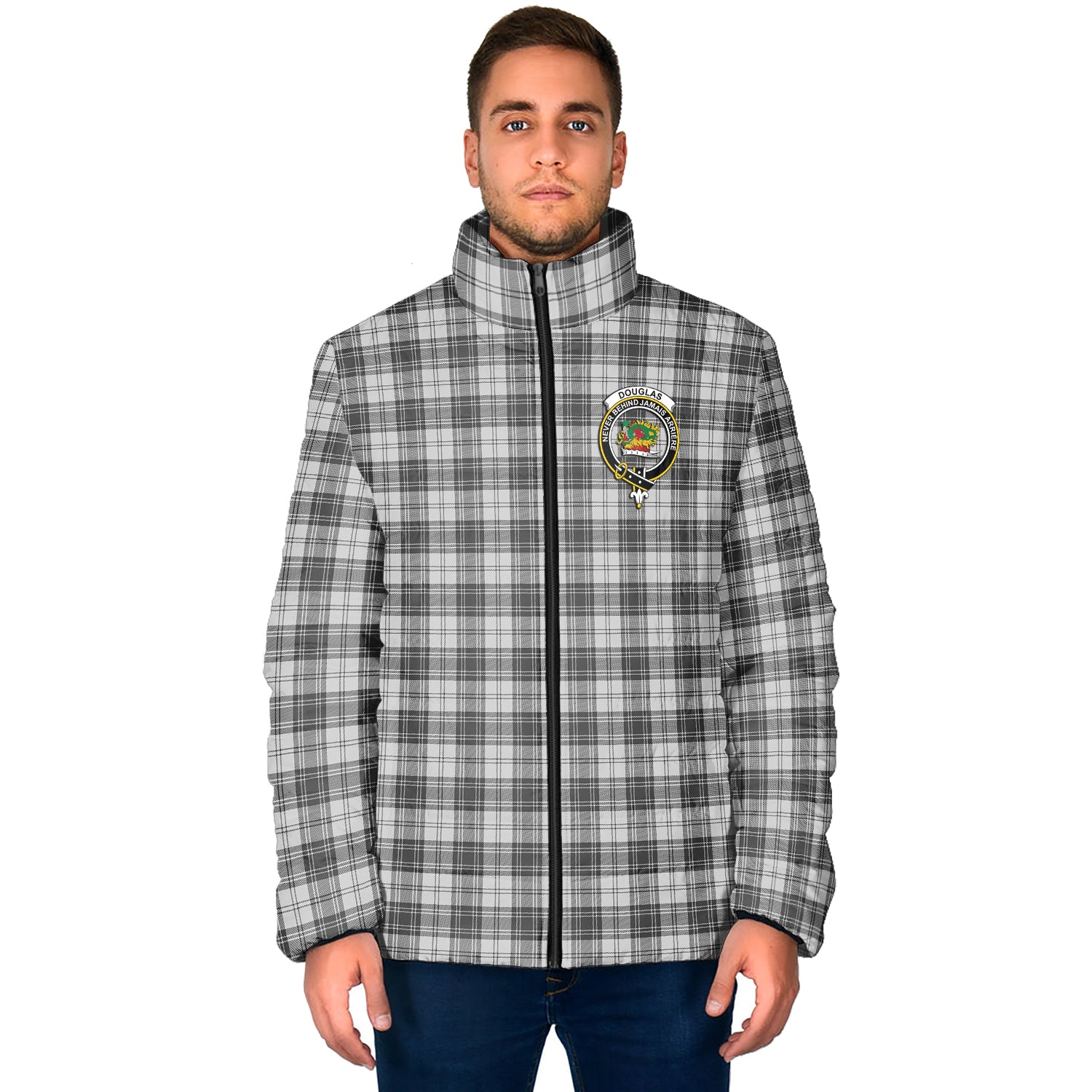 Douglas Grey Modern Tartan Padded Jacket with Family Crest - Tartan Vibes Clothing