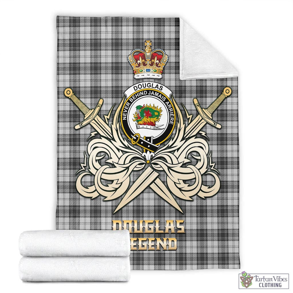 Tartan Vibes Clothing Douglas Grey Modern Tartan Blanket with Clan Crest and the Golden Sword of Courageous Legacy