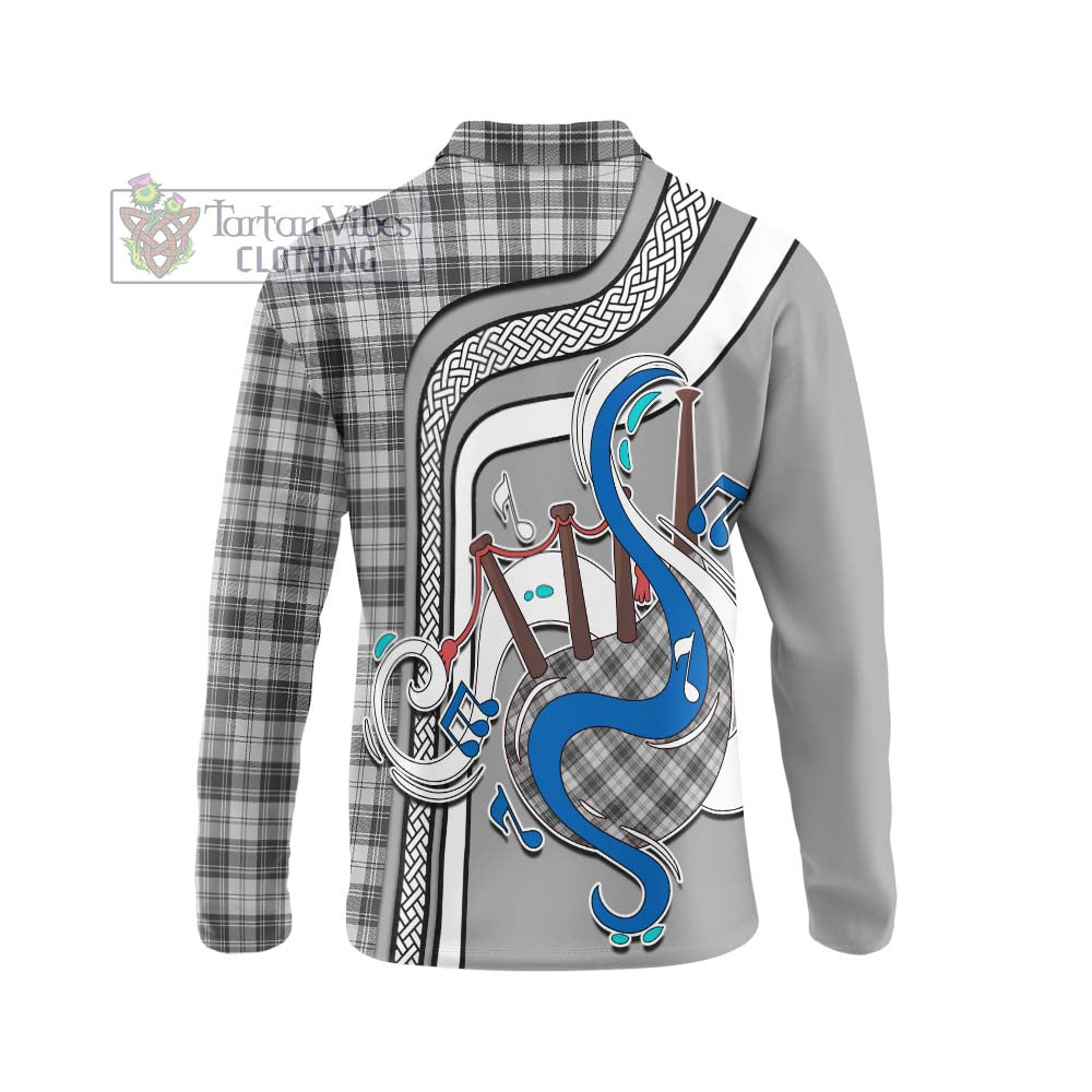 Tartan Vibes Clothing Douglas Grey Modern Tartan Long Sleeve Polo Shirt with Epic Bagpipe Style