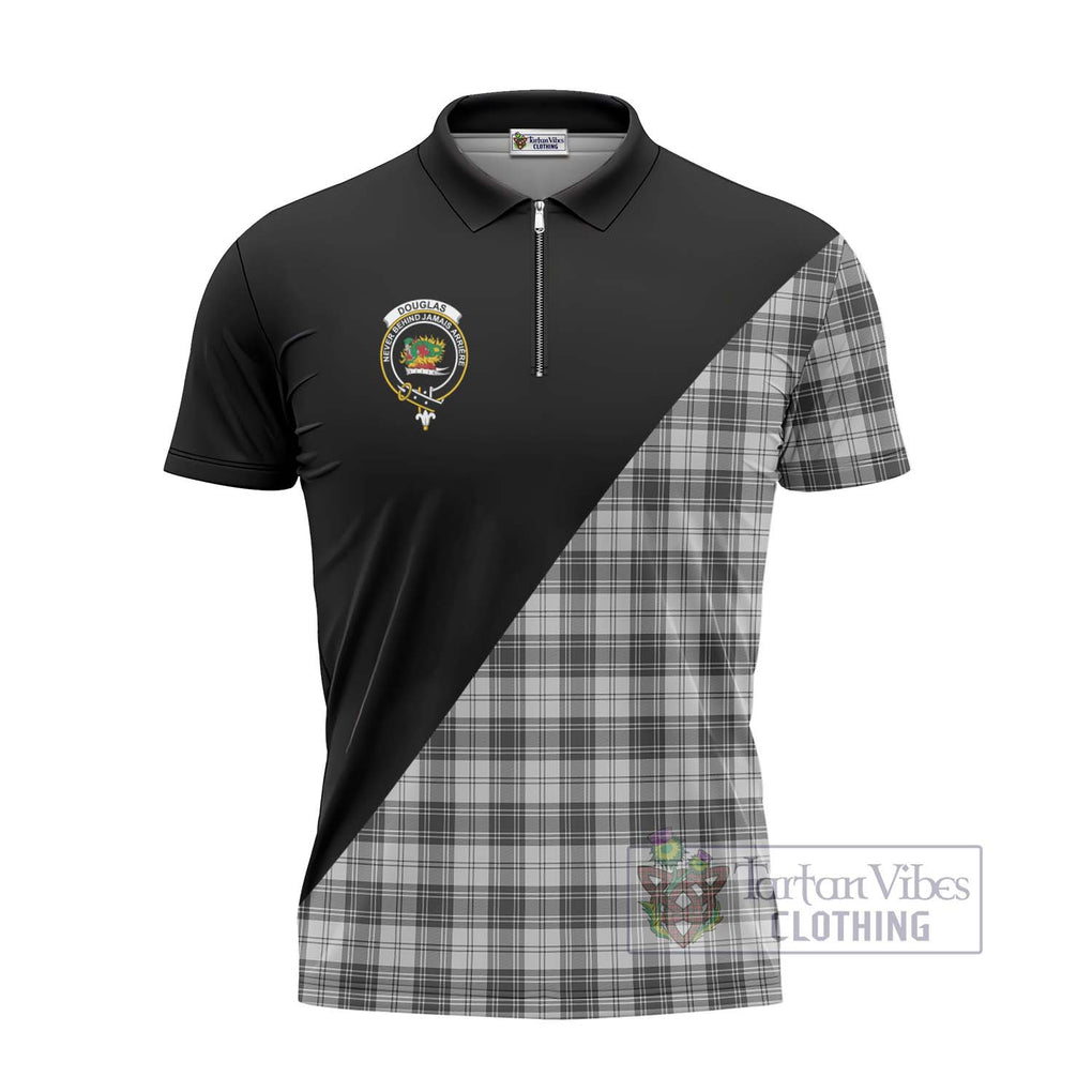 Douglas Grey Modern Tartan Zipper Polo Shirt with Family Crest and Military Logo Style - Tartanvibesclothing Shop