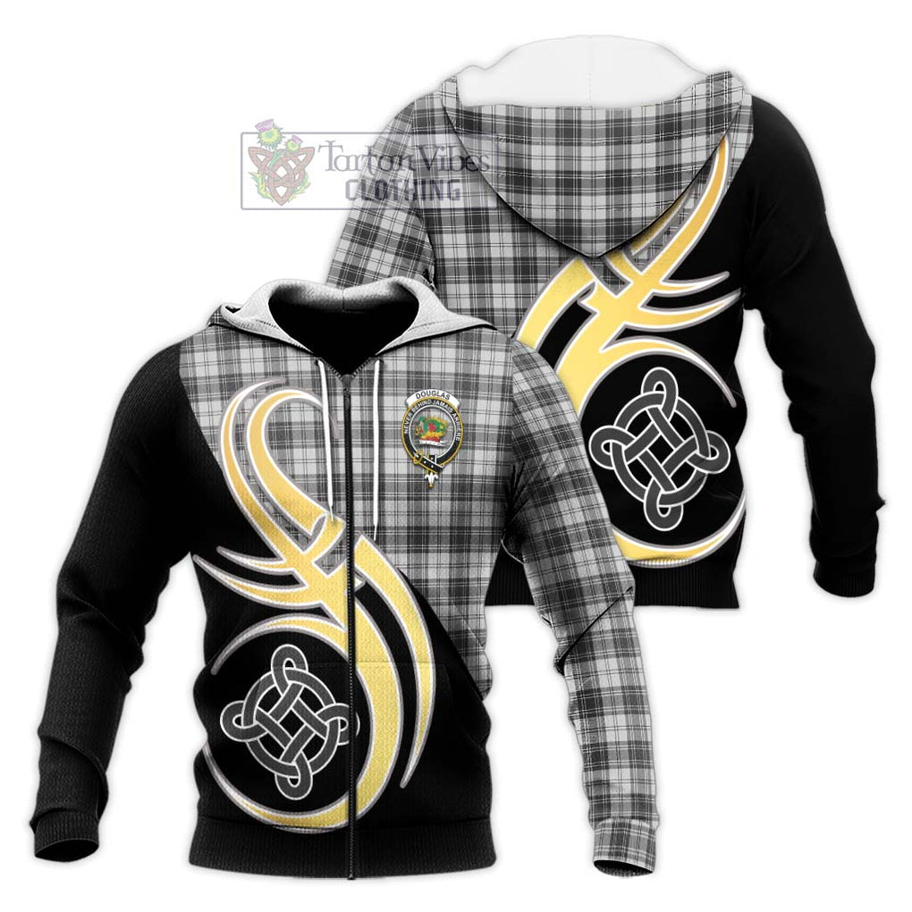 Douglas Grey Modern Tartan Knitted Hoodie with Family Crest and Celtic Symbol Style Unisex Knitted Zip Hoodie - Tartan Vibes Clothing