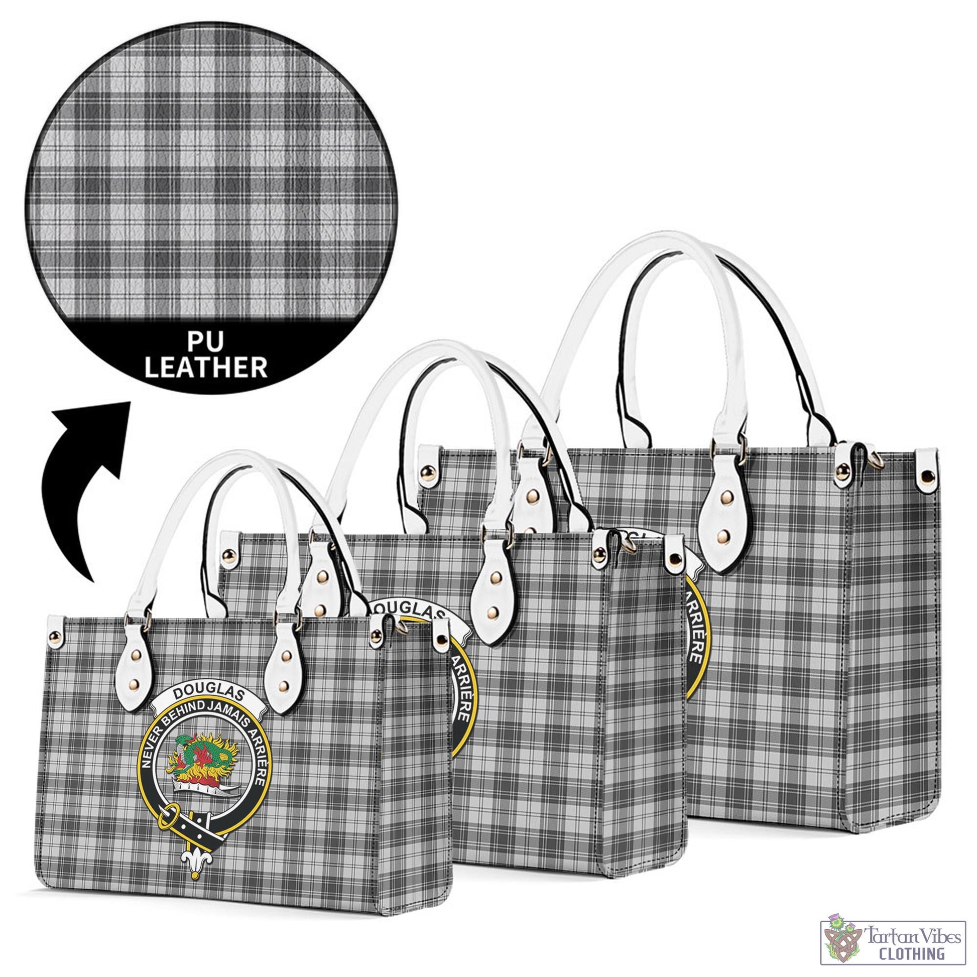 Tartan Vibes Clothing Douglas Grey Modern Tartan Luxury Leather Handbags with Family Crest