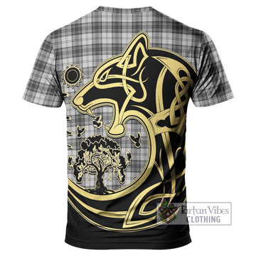 Douglas Grey Modern Tartan T-Shirt with Family Crest Celtic Wolf Style