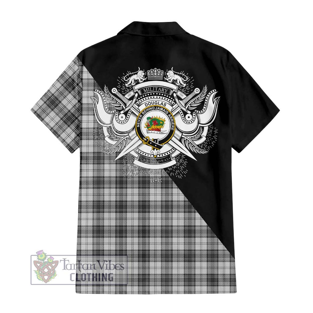 Douglas Grey Modern Tartan Short Sleeve Button Shirt with Family Crest and Military Logo Style - Tartanvibesclothing Shop