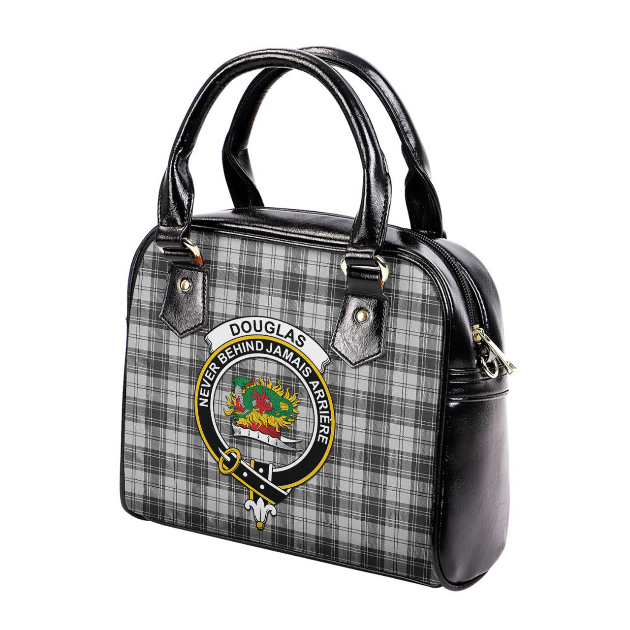 Douglas Grey Modern Tartan Shoulder Handbags with Family Crest - Tartanvibesclothing