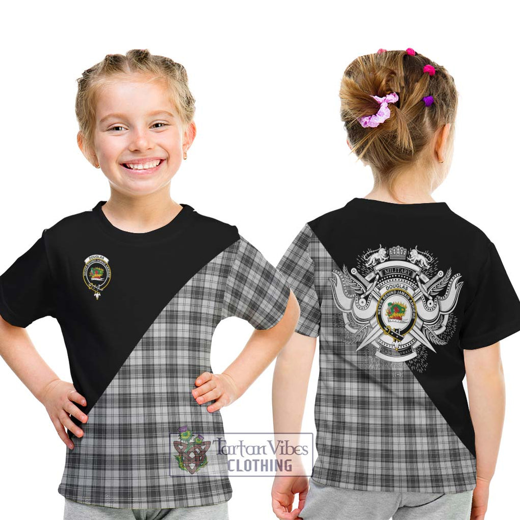 Douglas Grey Modern Tartan Kid T-Shirt with Family Crest and Military Logo Style - Tartanvibesclothing Shop