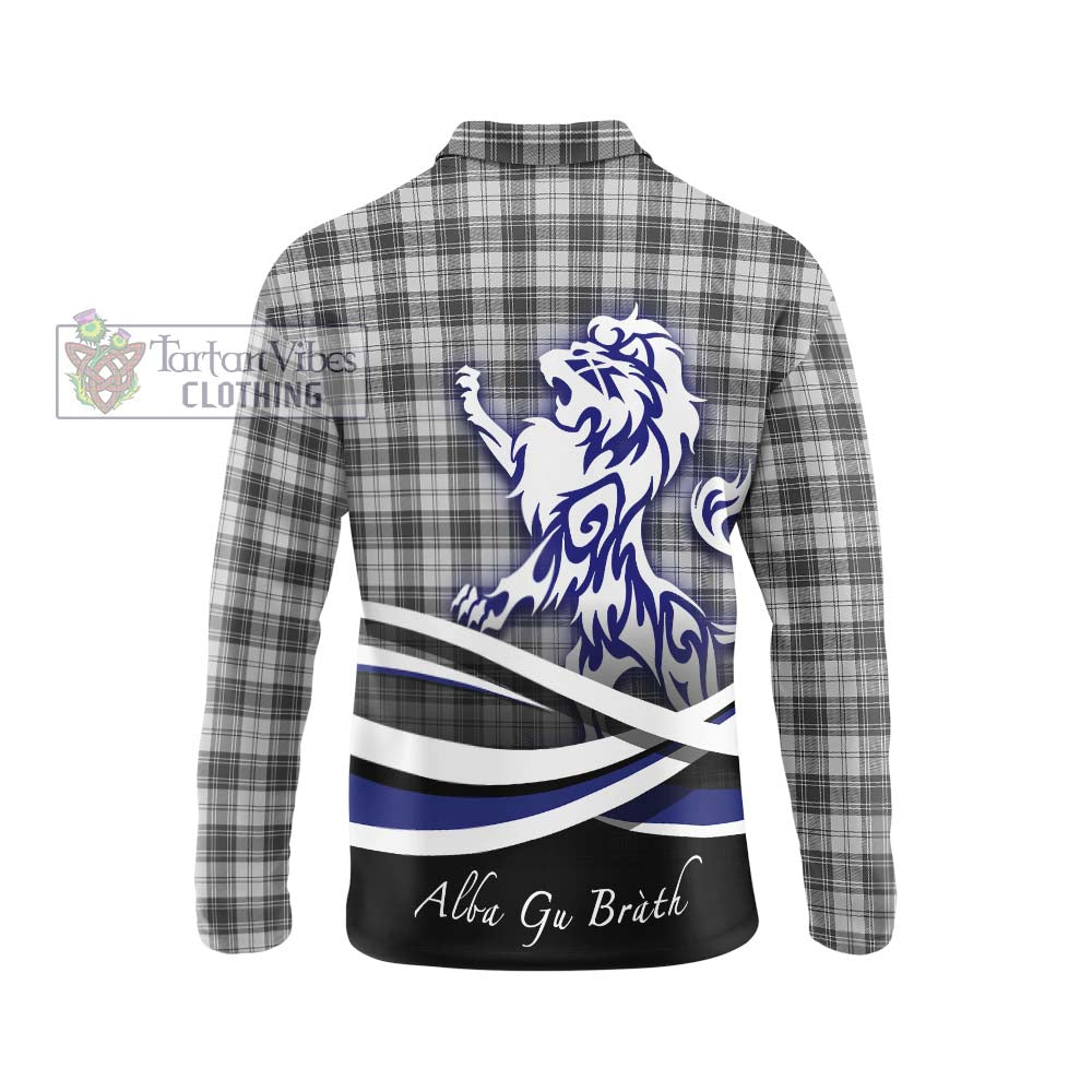 Douglas Grey Modern Tartan Long Sleeve Polo Shirt with Alba Gu Brath Regal Lion Emblem - Tartanvibesclothing Shop