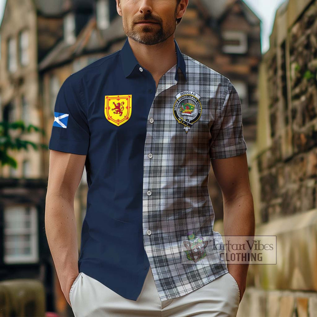 Tartan Vibes Clothing Douglas Grey Modern Tartan Short Sleeve Button Shirt with Scottish Lion Royal Arm Half Style