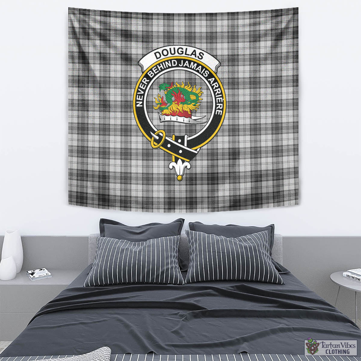 Tartan Vibes Clothing Douglas Grey Modern Tartan Tapestry Wall Hanging and Home Decor for Room with Family Crest