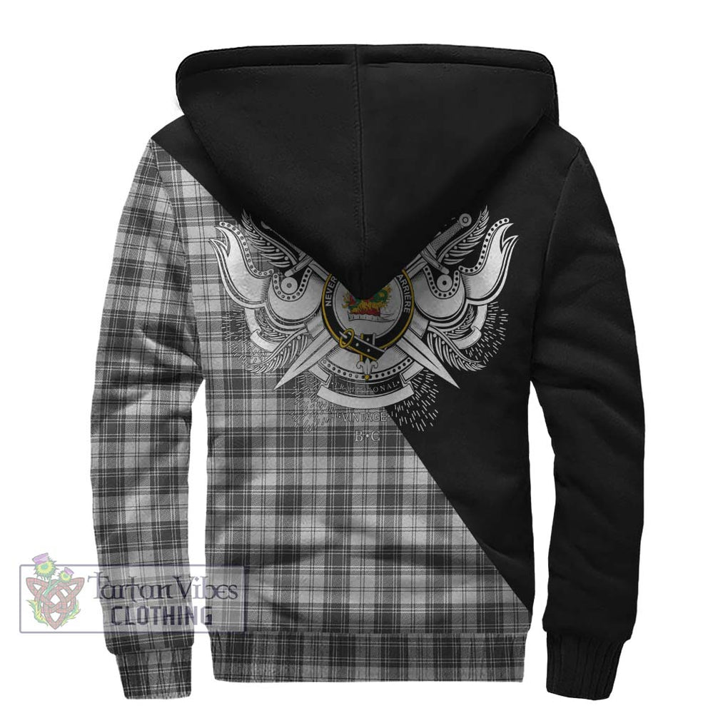 Douglas Grey Modern Tartan Sherpa Hoodie with Family Crest and Military Logo Style - Tartanvibesclothing Shop