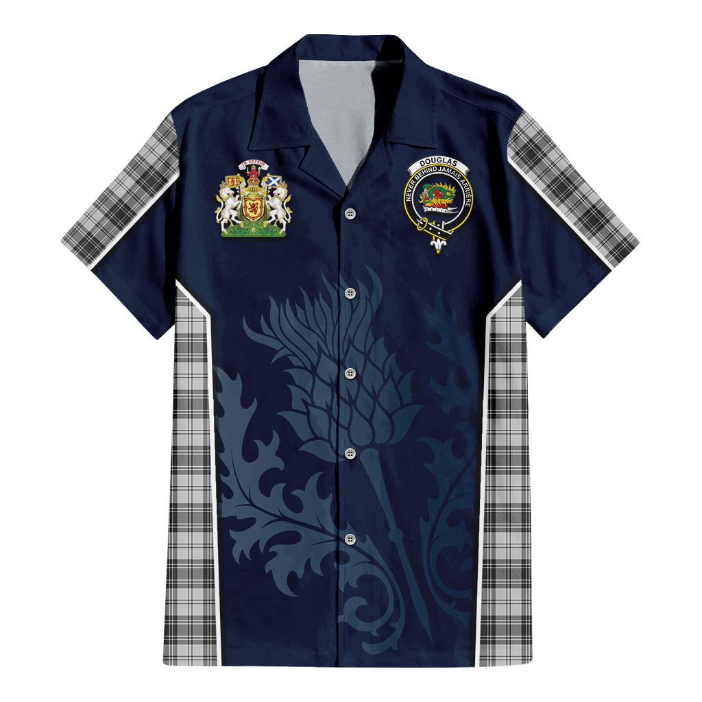 Tartan Vibes Clothing Douglas Grey Modern Tartan Short Sleeve Button Up Shirt with Family Crest and Scottish Thistle Vibes Sport Style