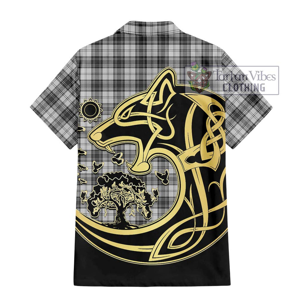 Douglas Grey Modern Tartan Short Sleeve Button Shirt with Family Crest Celtic Wolf Style - Tartan Vibes Clothing