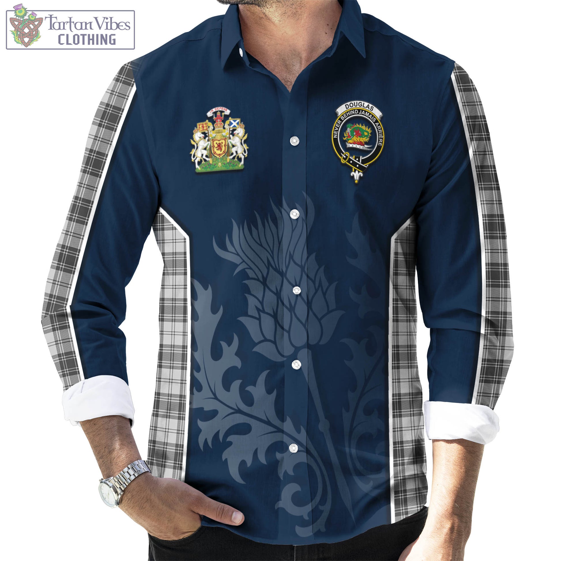 Tartan Vibes Clothing Douglas Grey Modern Tartan Long Sleeve Button Up Shirt with Family Crest and Scottish Thistle Vibes Sport Style